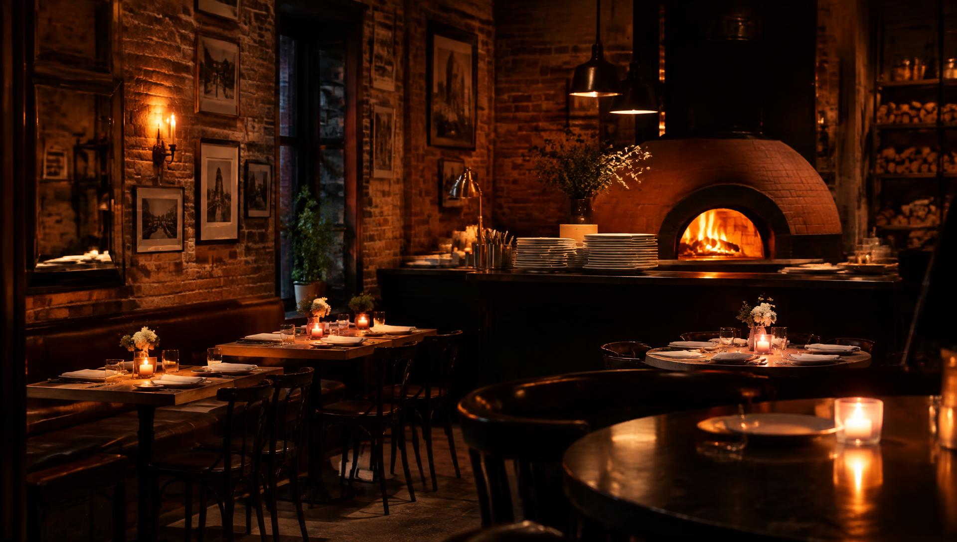 Candlelit dining room with a wood-fired oven